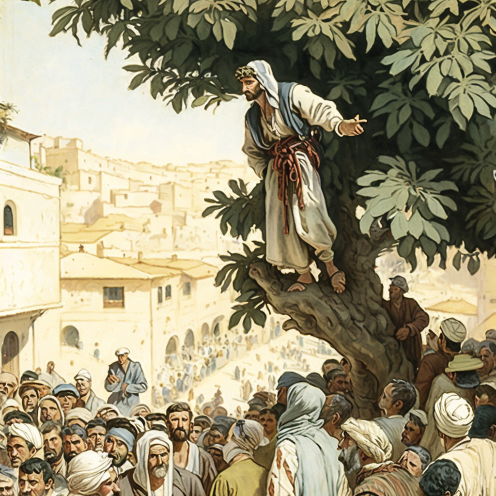 zacchaeus drawforgod_short_man_wearing_biblical_clothing_climbing_on_a_branch.